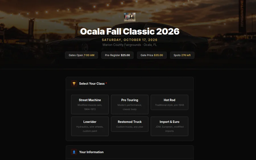 Screenshot of a Car Show Logic vehicle registration page