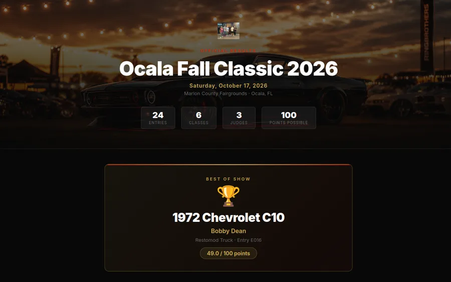 Screenshot of a Car Show Logic live results page